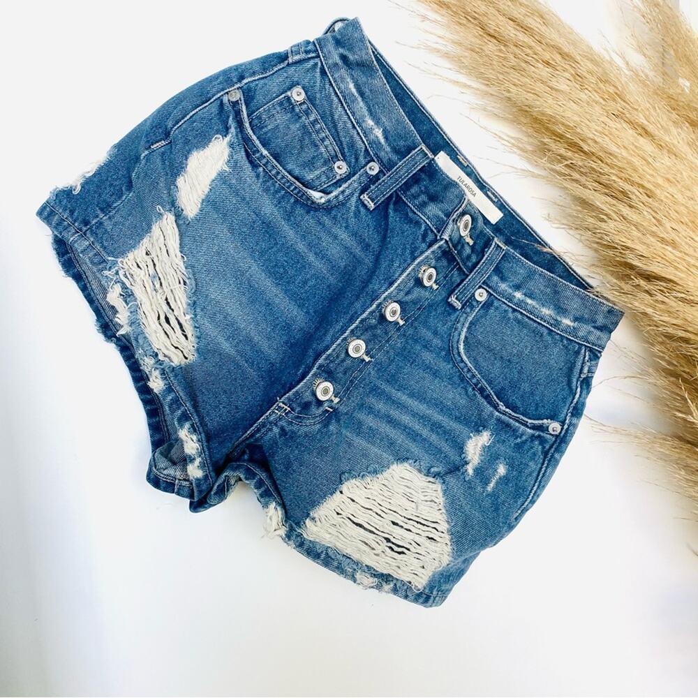 TULAROSA REVOLVE Blue Wash Distressed High Rise Button Fly Denim Jean Shorts 26